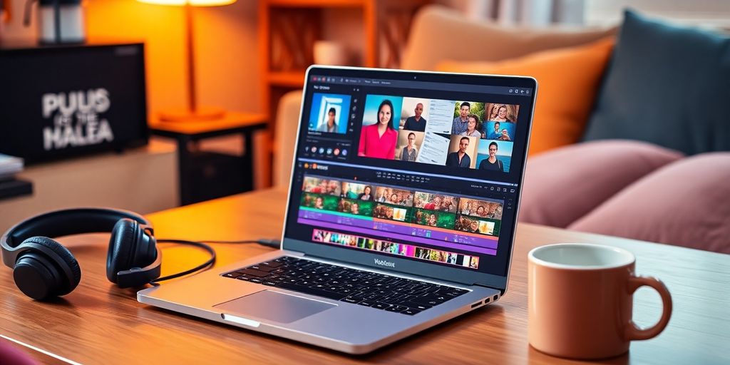 Anfänger Videoschnitt Arbeitsplatz mit Laptop und Zubehör.