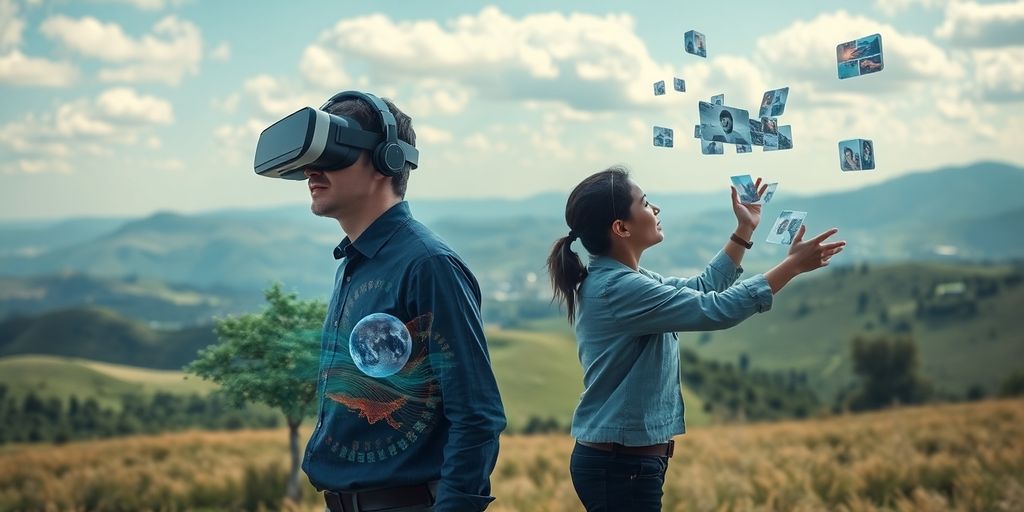 Person mit VR-Headset und eine andere mit AR-Elementen.