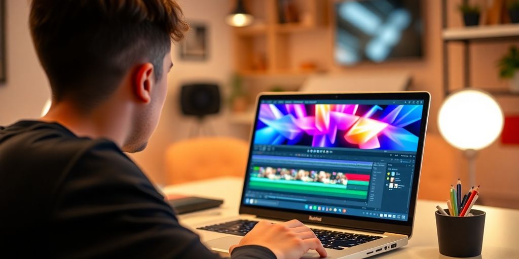Ein Anfänger arbeitet mit After Effects auf einem Laptop.