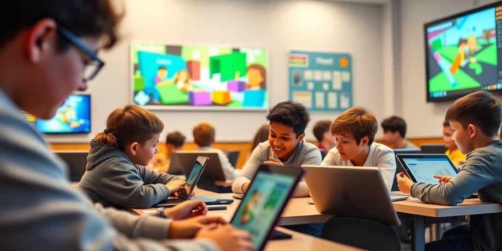 Lebendige Klasse mit Schülern und interaktiven Lerntechnologien.
