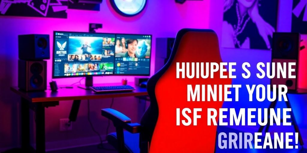 Streamer mit Gaming-Stuhl und bunten Monitoren im Bild.